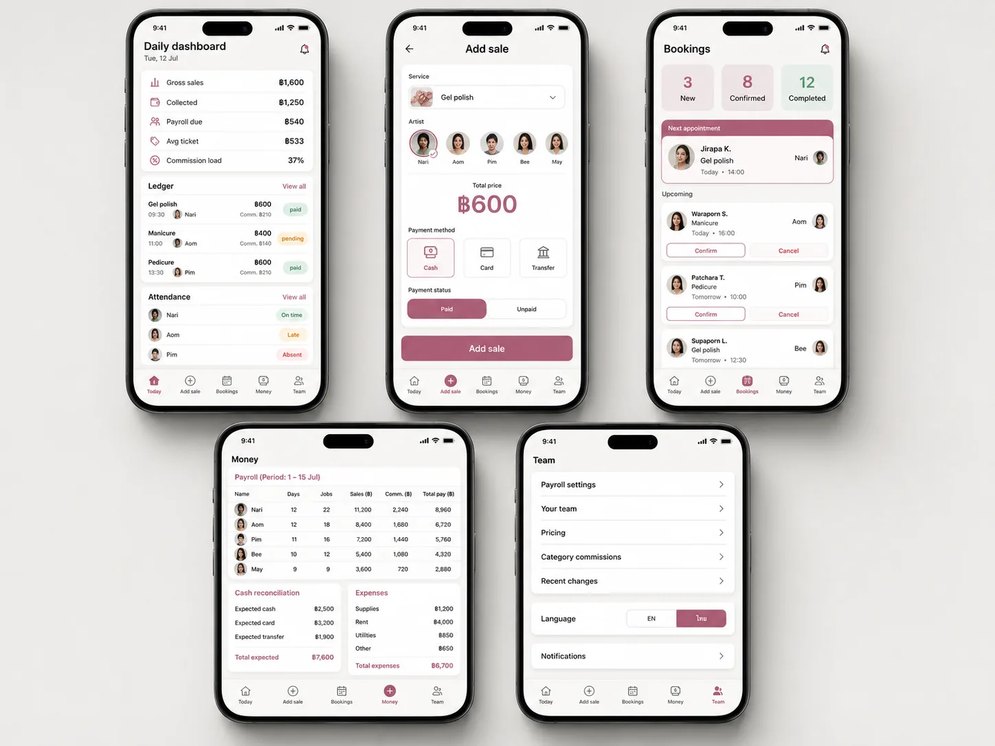 Five mobile screen concepts for salon sales, bookings, money and team